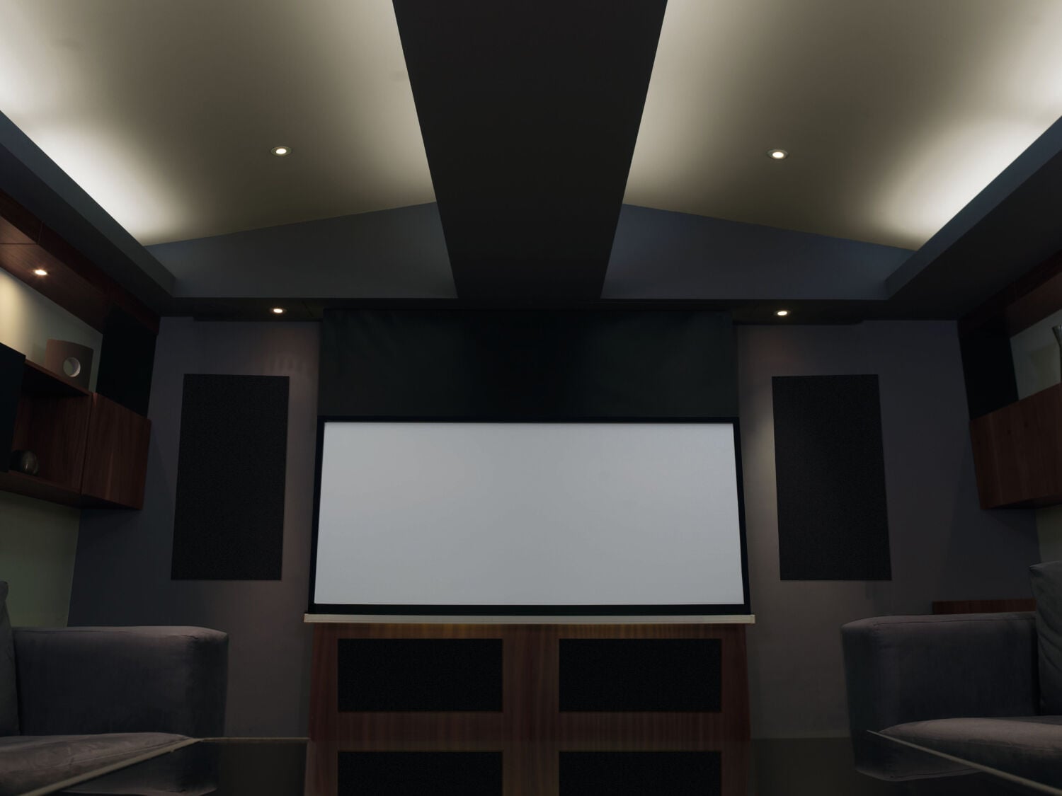 Home theater with speakers imbedded in wooden wall panels