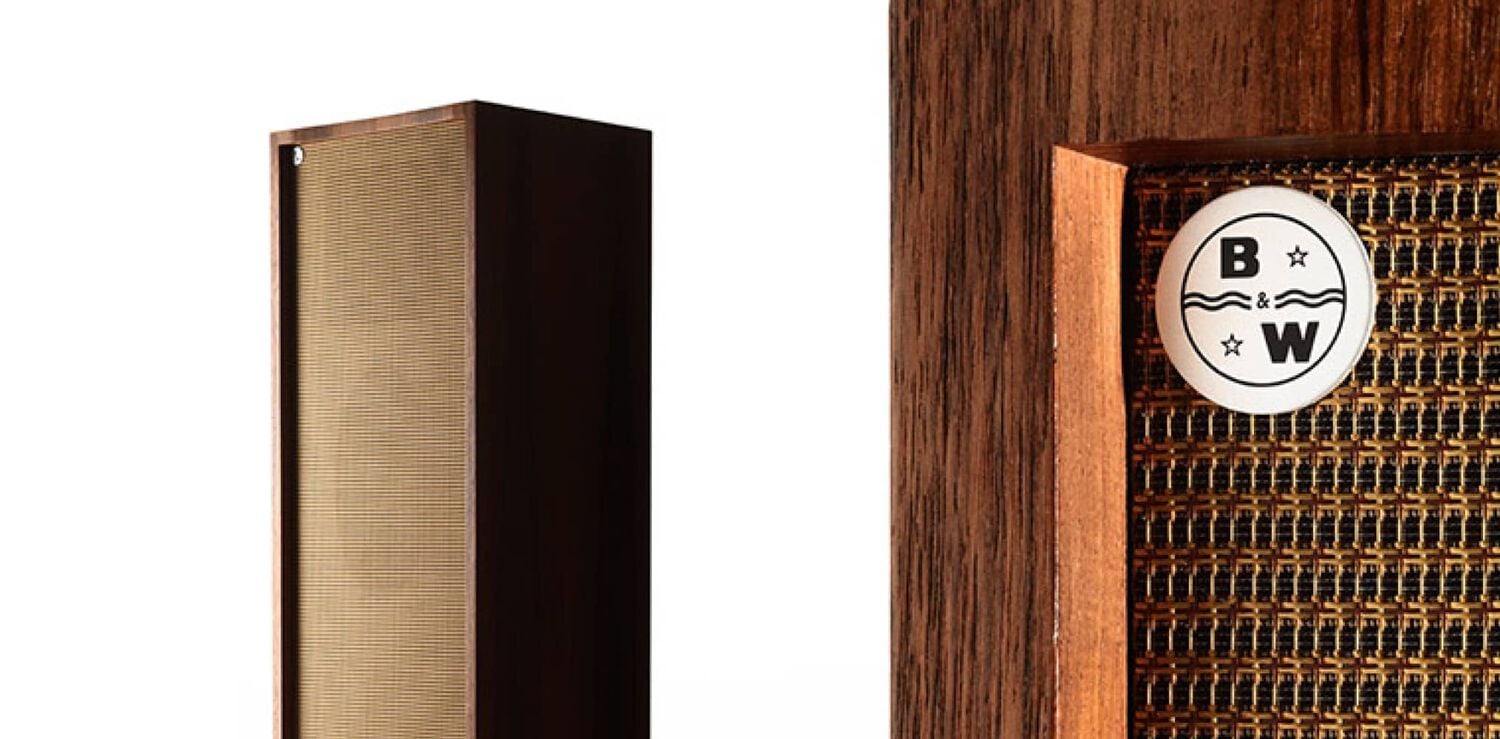 First Bowers & Wilkins wooden speaker facing left with white background