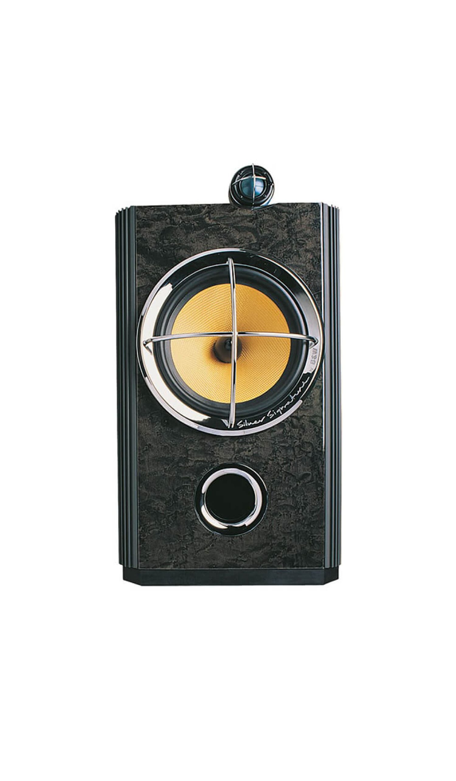 Black speaker front with yellow accents