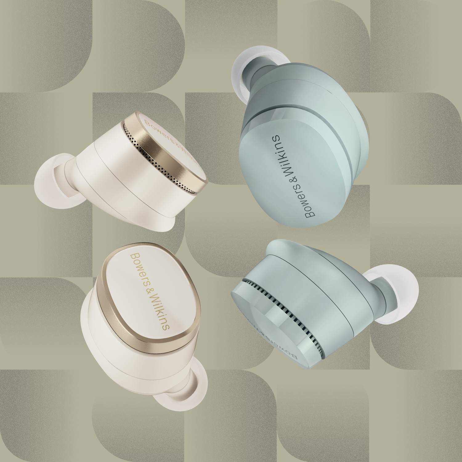 2 pairs of earbuds with beige background