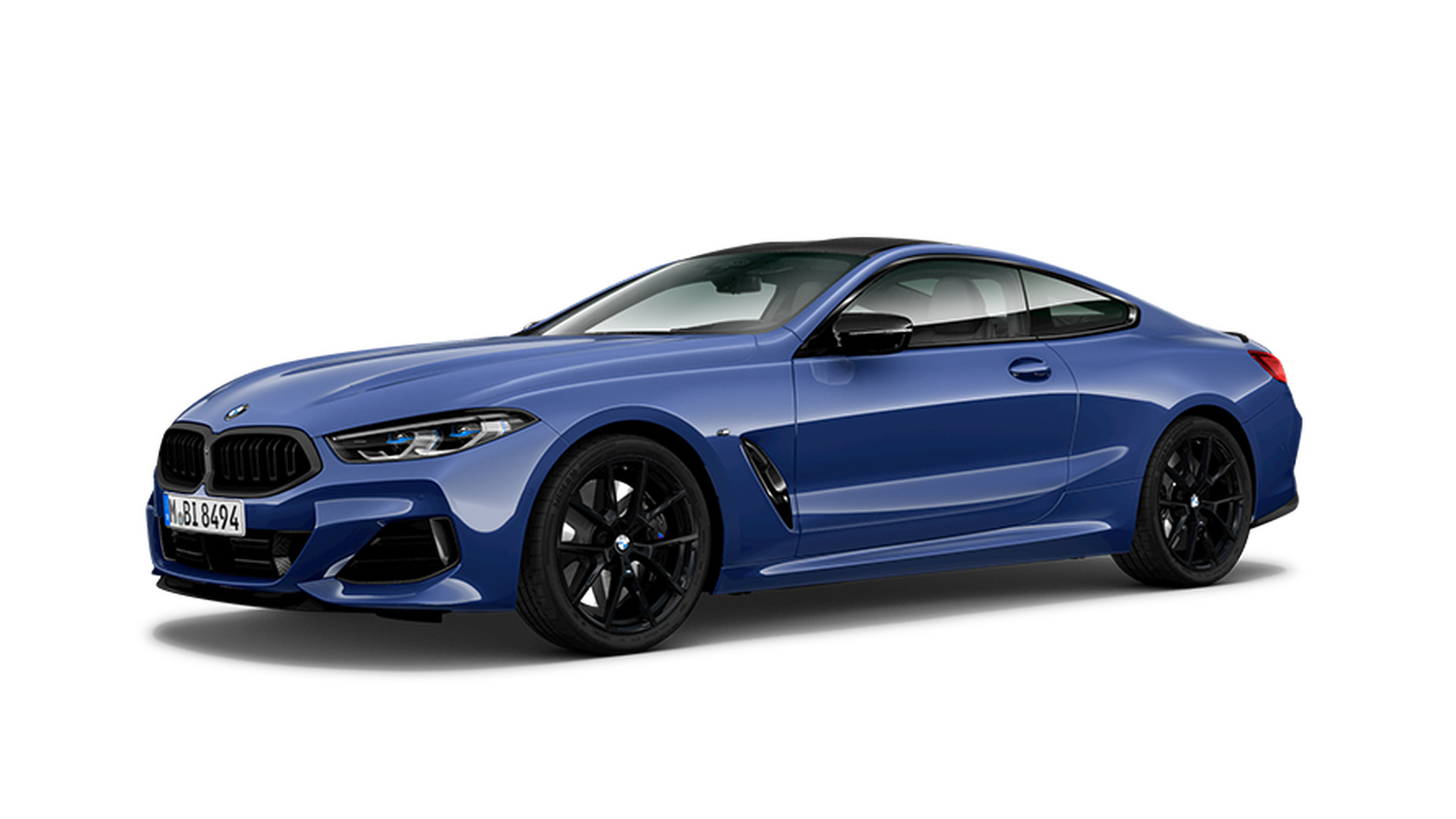 Blue BMW 8 Series car facing left with white background