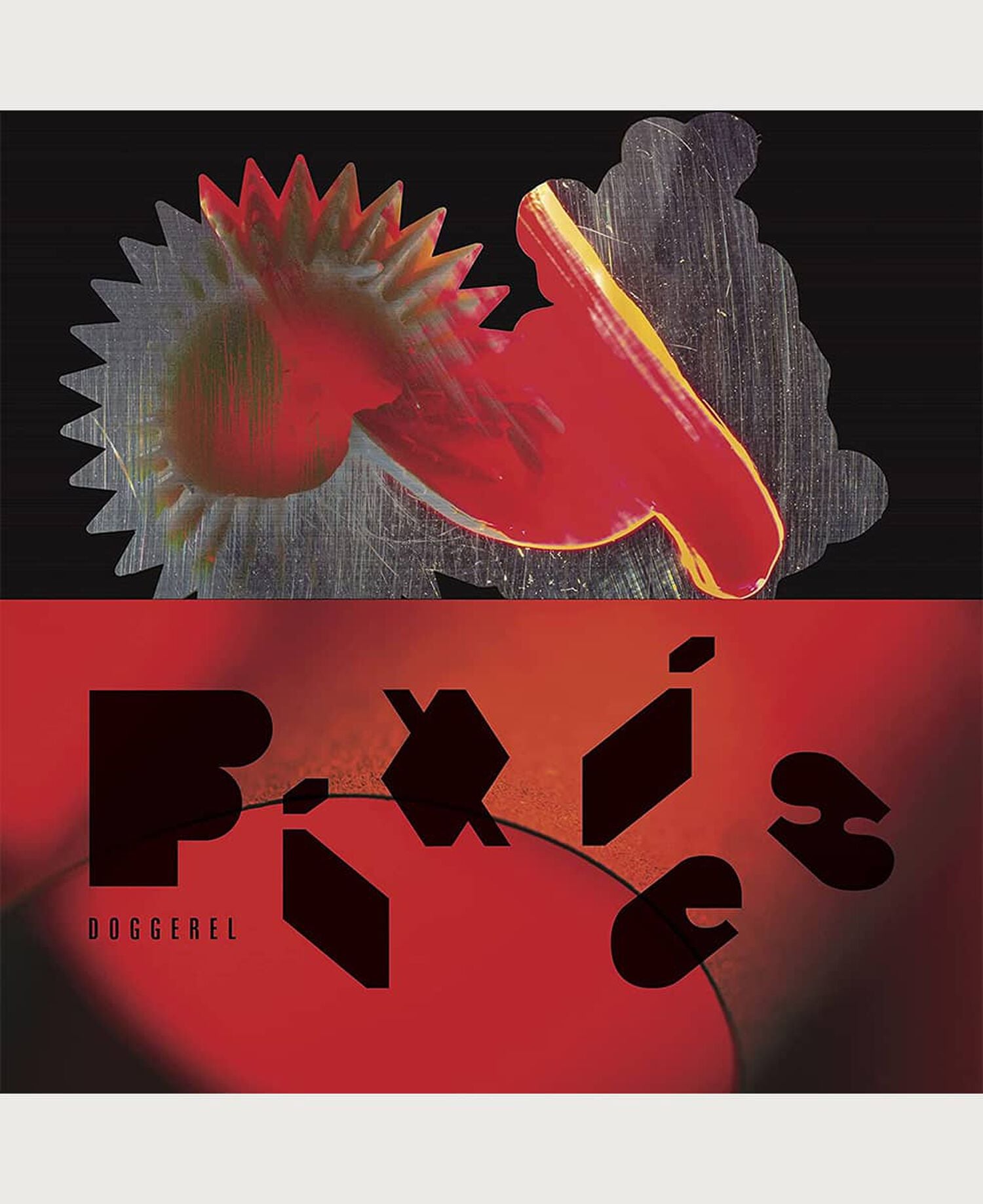 Red figure with grey shadow with black background separated by red background with black text
