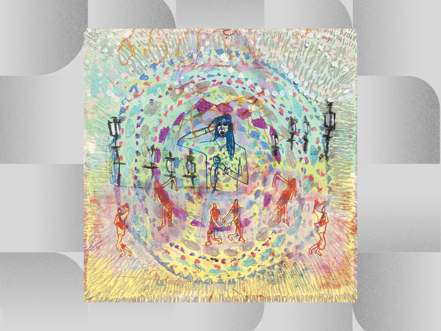 Colorful drawing of people dancing around singer