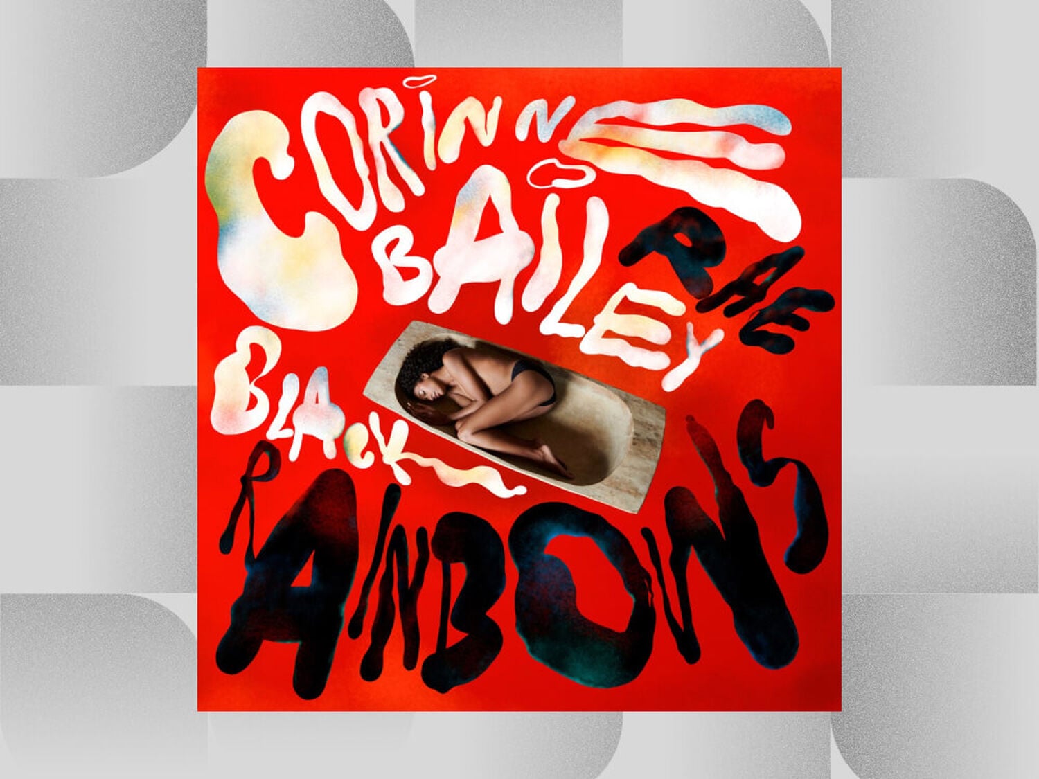 Woman in fetal position in wood panel with red background and white and black text