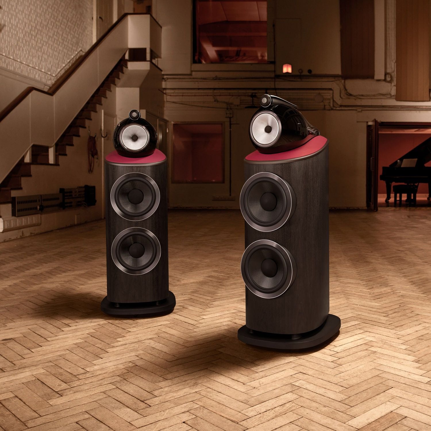 2 Black 801 Abbey Road speakers in room