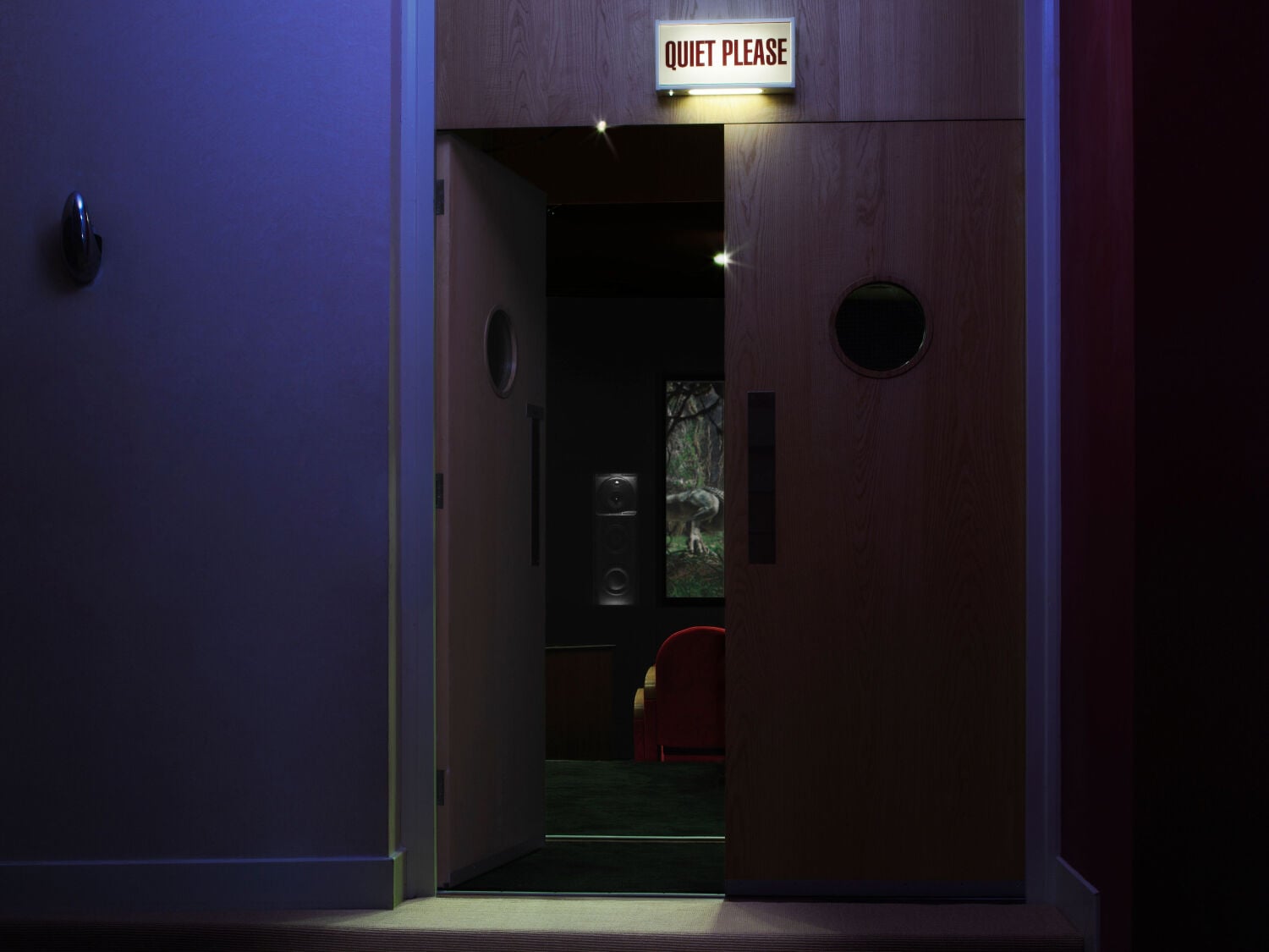 Movie theater doors ajar into movie theater