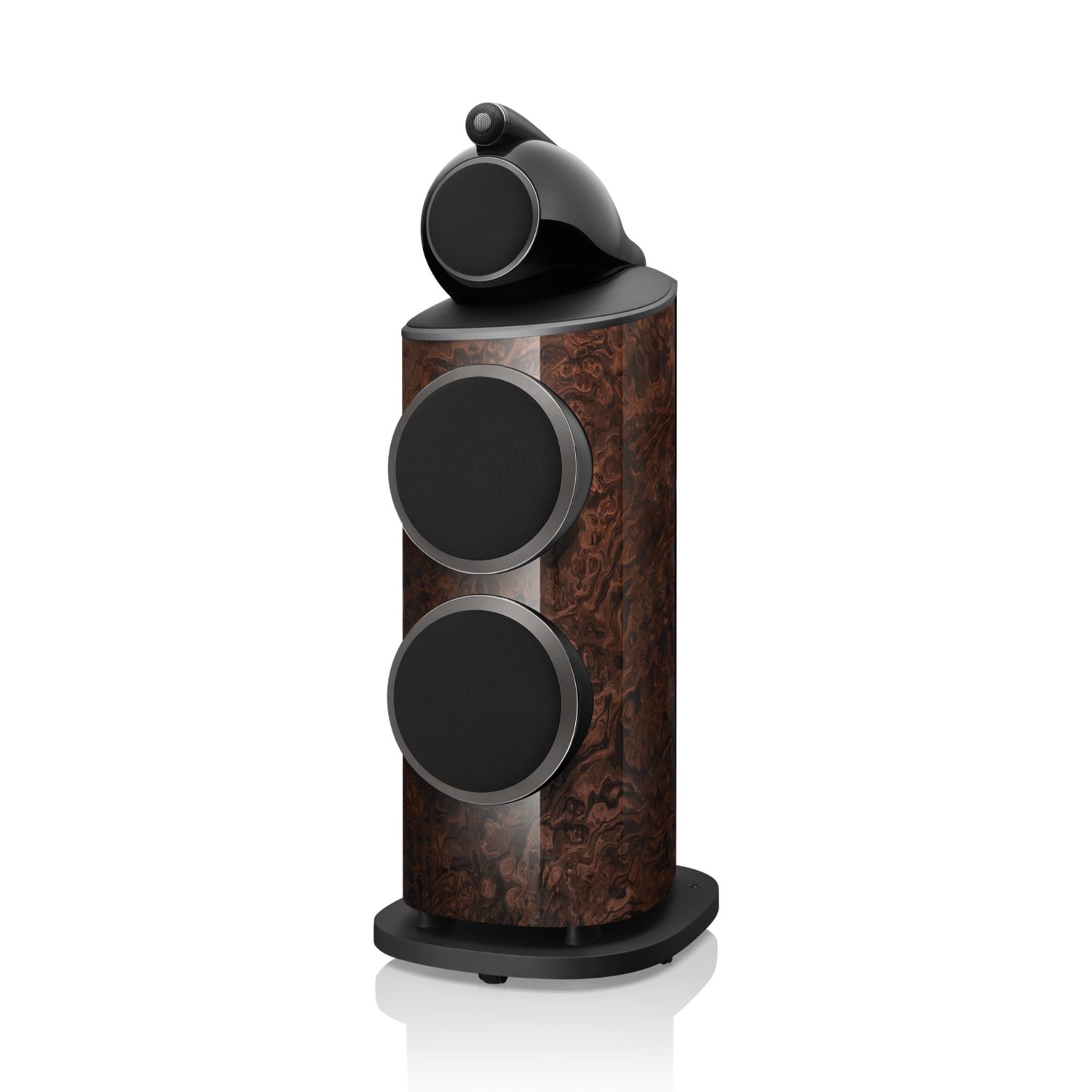801 D4 Signature - California Burl Gloss side front covered woofers view